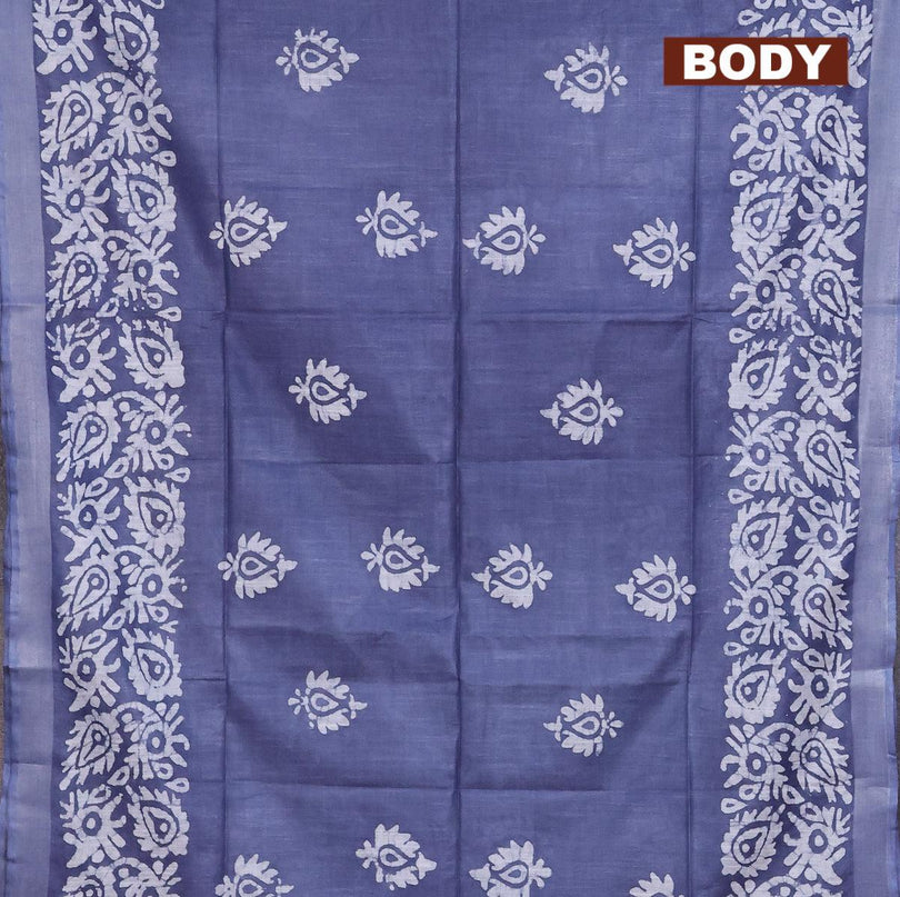 Linen cotton saree grey with allover batik butta prints and silver zari woven border