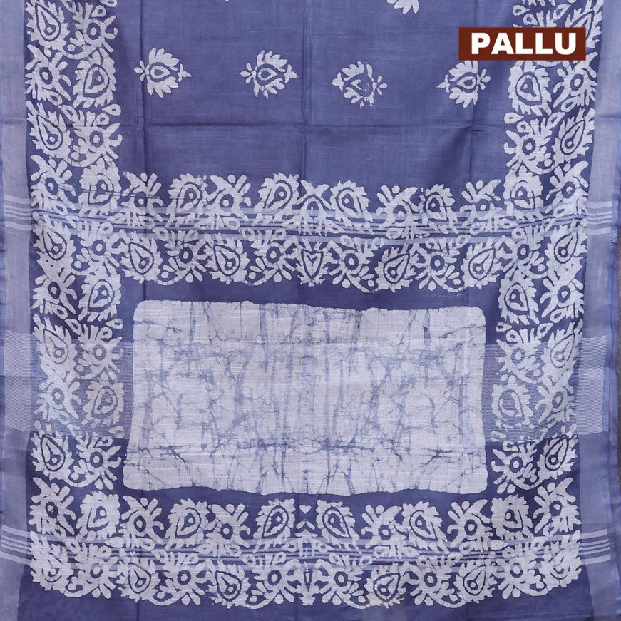 Linen cotton saree grey with allover batik butta prints and silver zari woven border