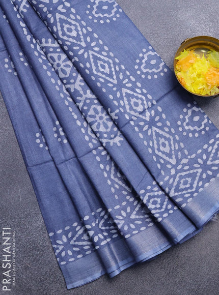 Linen cotton saree grey with allover batik butta prints and silver zari woven border