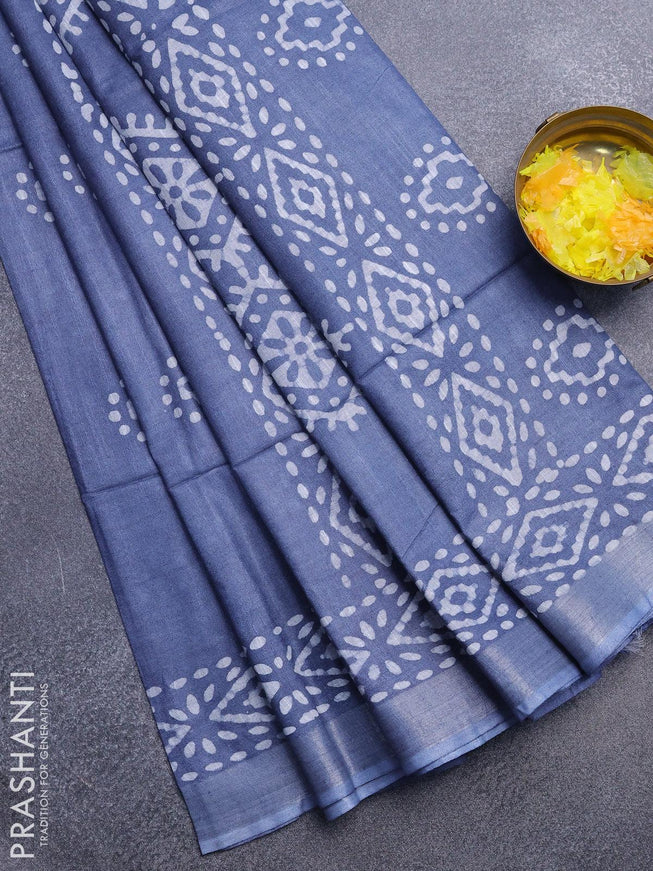 Linen cotton saree grey with allover batik butta prints and silver zari woven border