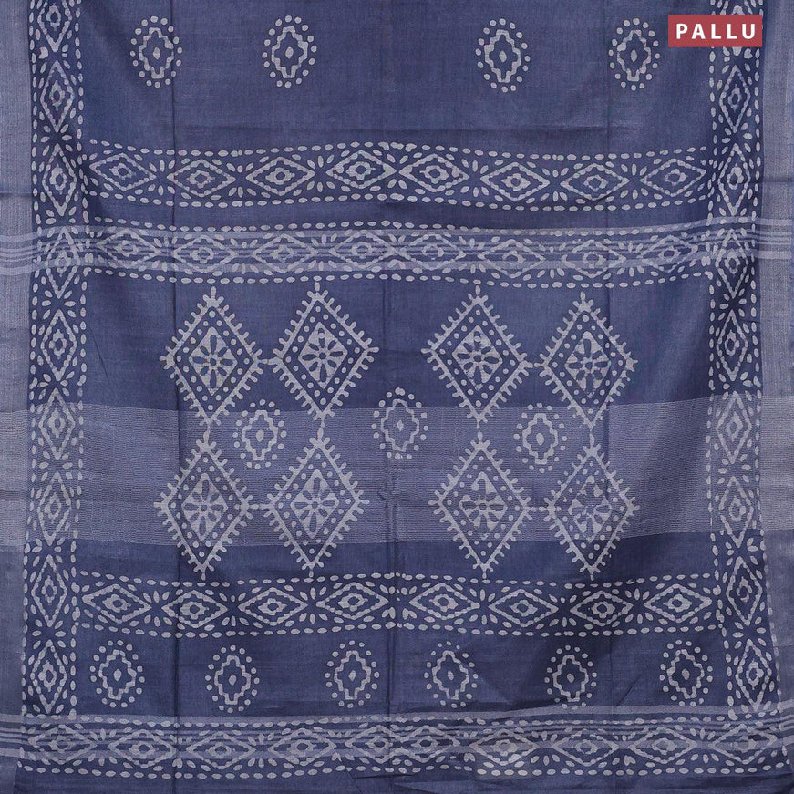 Linen cotton saree grey with allover batik butta prints and silver zari woven border