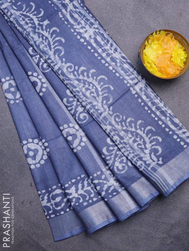 Linen cotton saree grey with allover batik butta prints and silver zari woven border