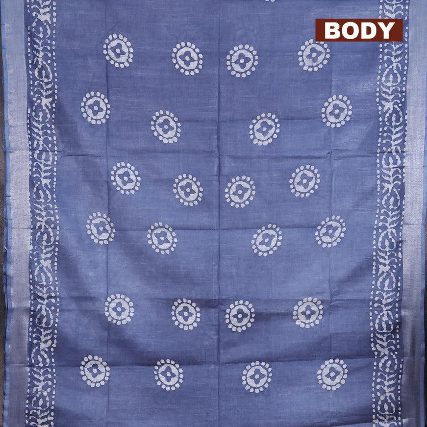 Linen cotton saree grey with allover batik butta prints and silver zari woven border