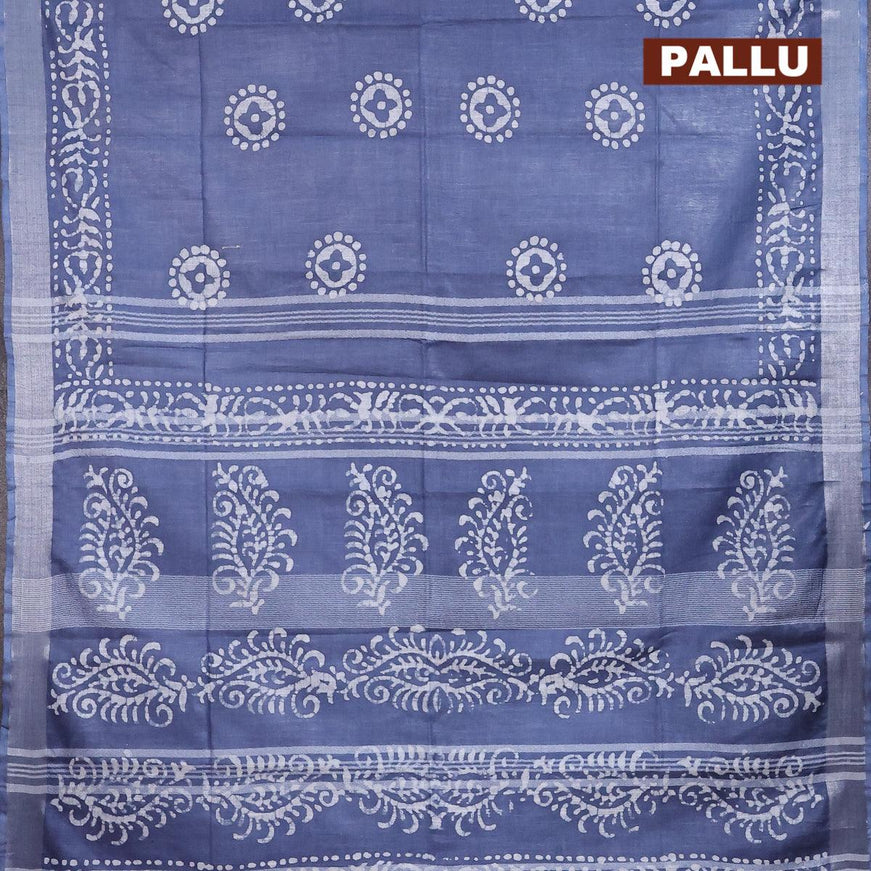 Linen cotton saree grey with allover batik butta prints and silver zari woven border