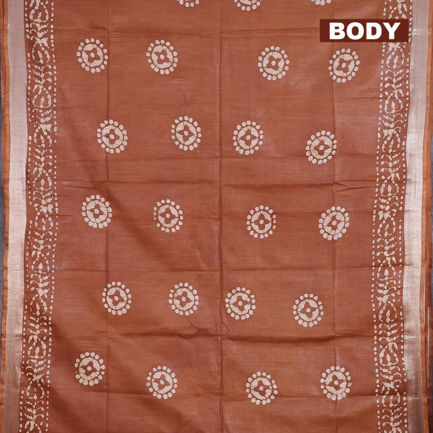 Linen cotton saree brown shade with allover batik butta prints and silver zari woven border