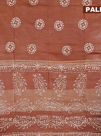 Linen cotton saree brown shade with allover batik butta prints and silver zari woven border