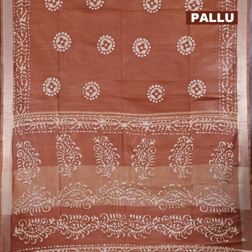 Linen cotton saree brown shade with allover batik butta prints and silver zari woven border