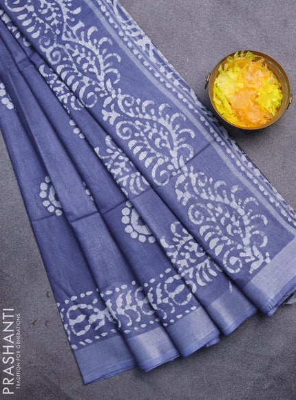 Linen cotton saree grey with allover batik butta prints and silver zari woven border