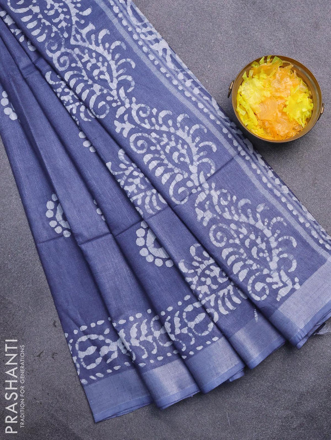 Linen cotton saree grey with allover batik butta prints and silver zari woven border