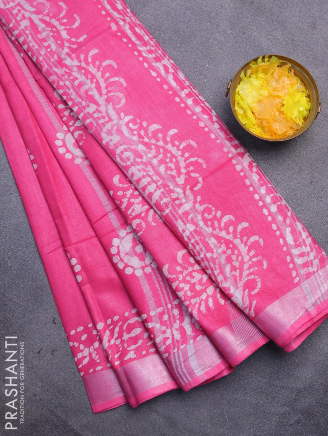 Linen cotton saree pink with allover batik butta prints and silver zari woven border