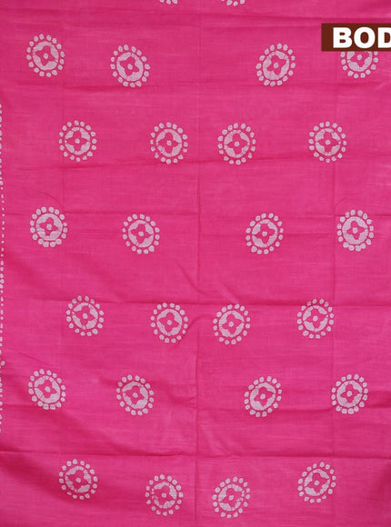 Linen cotton saree pink with allover batik butta prints and silver zari woven border