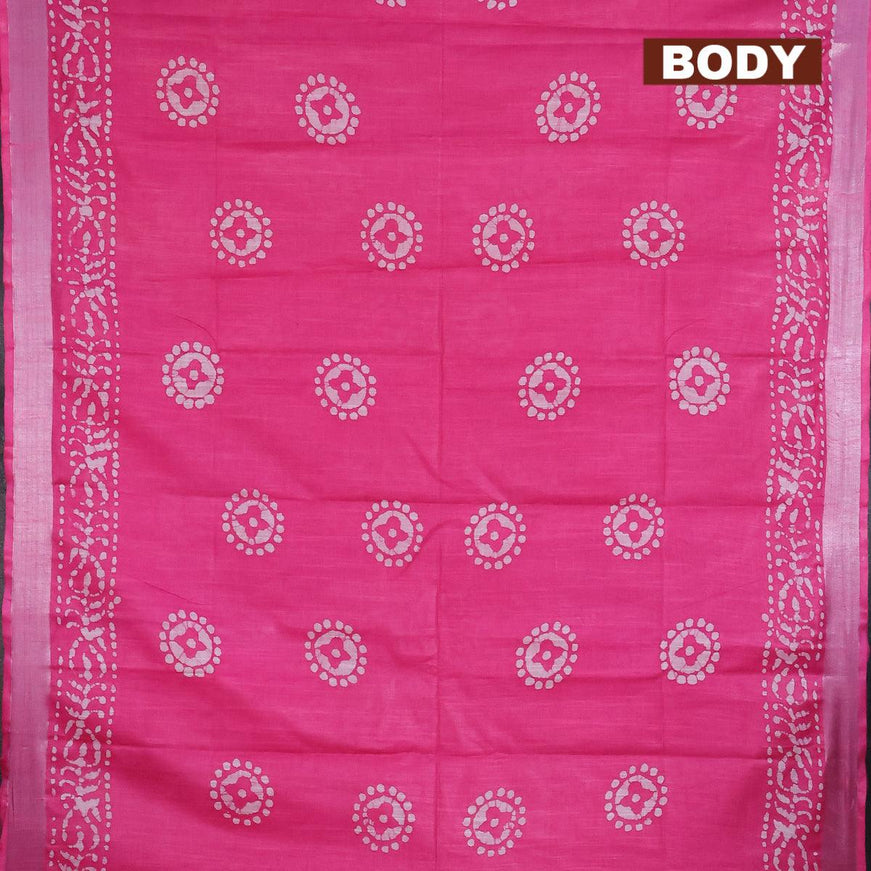 Linen cotton saree pink with allover batik butta prints and silver zari woven border