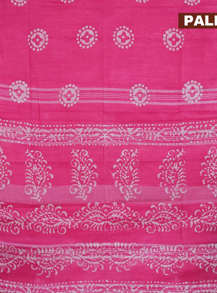 Linen cotton saree pink with allover batik butta prints and silver zari woven border