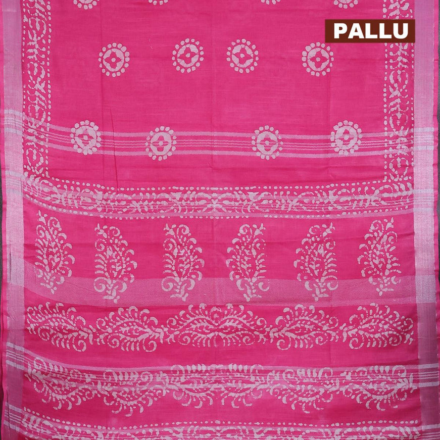 Linen cotton saree pink with allover batik butta prints and silver zari woven border