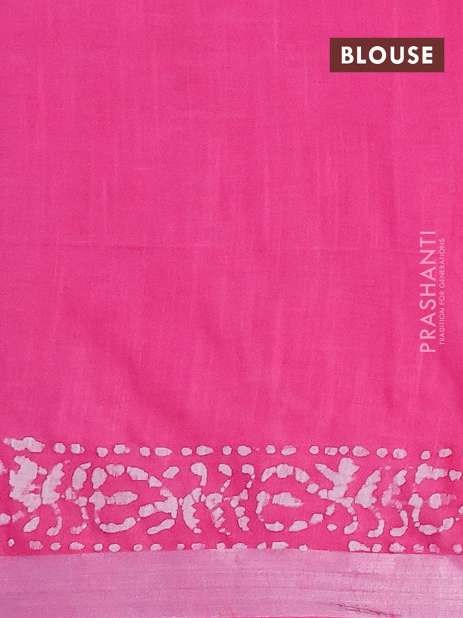 Linen cotton saree pink with allover batik butta prints and silver zari woven border