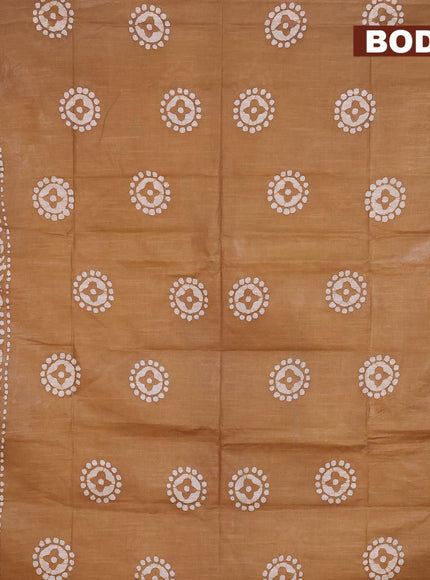 Linen cotton saree dark khaki shade with allover batik butta prints and silver zari woven border