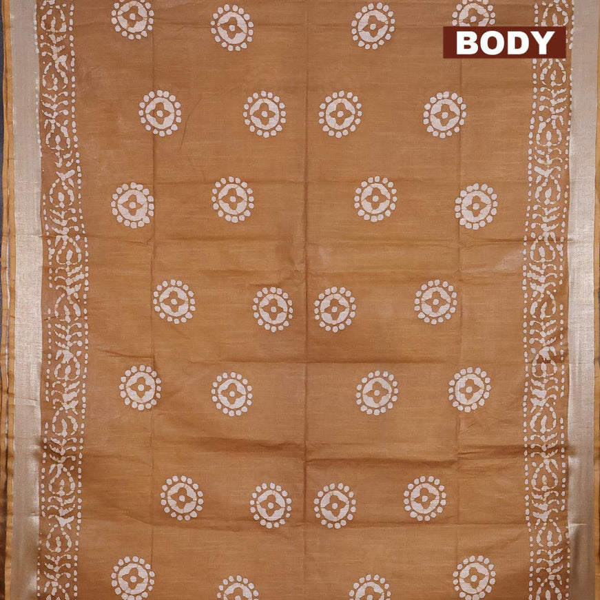 Linen cotton saree dark khaki shade with allover batik butta prints and silver zari woven border