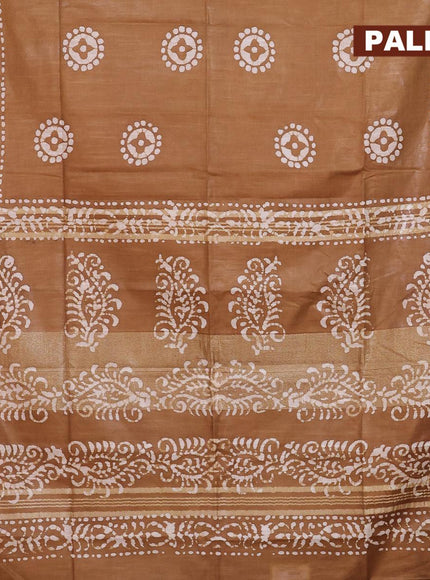 Linen cotton saree dark khaki shade with allover batik butta prints and silver zari woven border