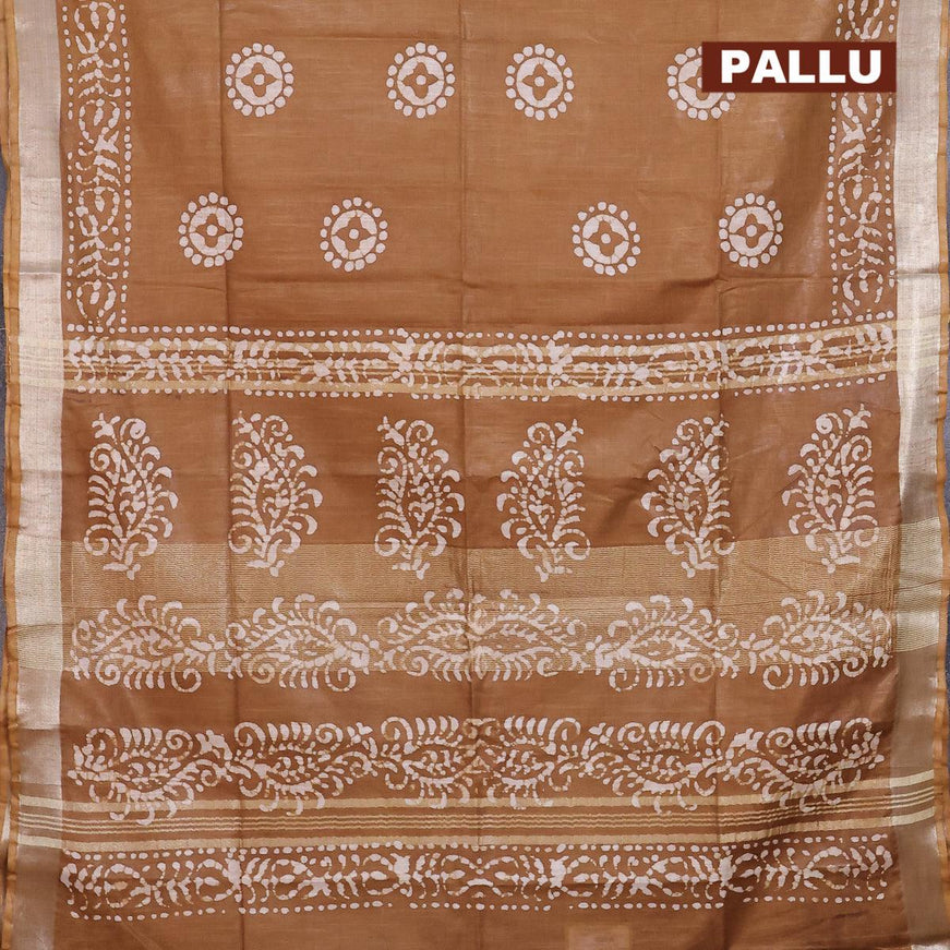 Linen cotton saree dark khaki shade with allover batik butta prints and silver zari woven border