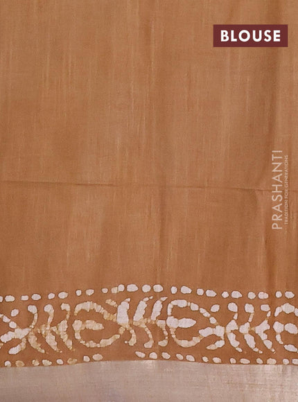 Linen cotton saree dark khaki shade with allover batik butta prints and silver zari woven border