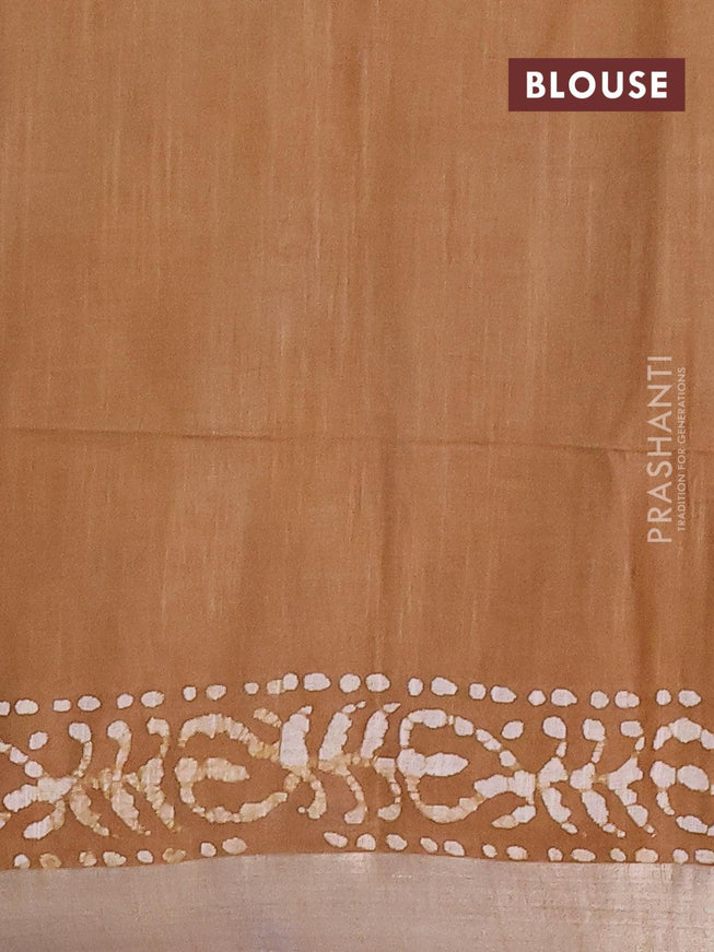 Linen cotton saree dark khaki shade with allover batik butta prints and silver zari woven border