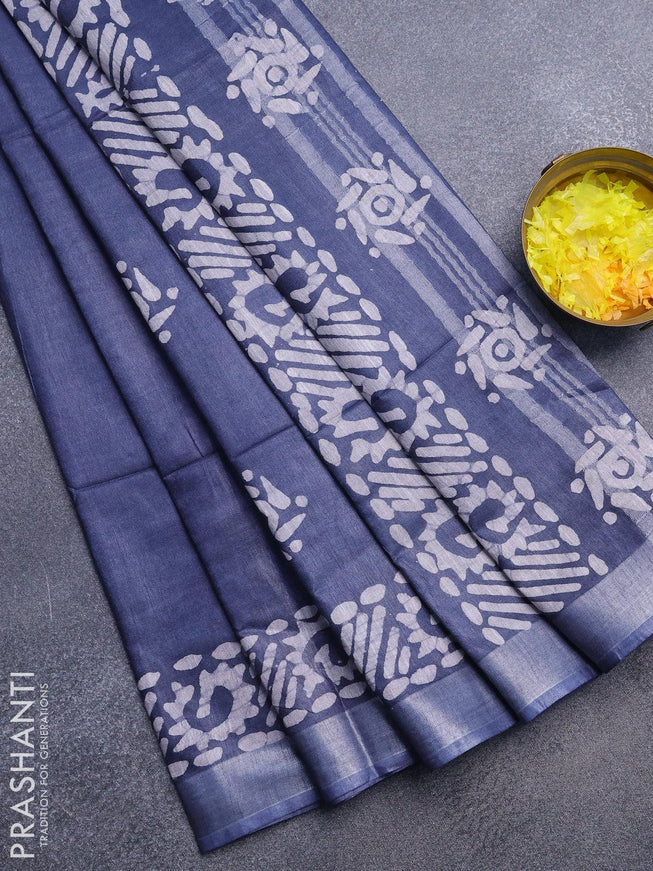 Linen cotton saree grey with allover batik butta prints and silver zari woven border