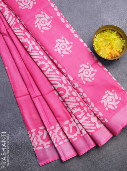 Linen cotton saree pink with allover batik butta prints and silver zari woven border