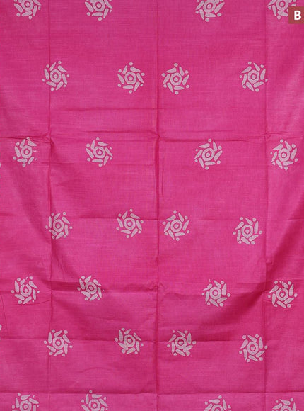 Linen cotton saree pink with allover batik butta prints and silver zari woven border