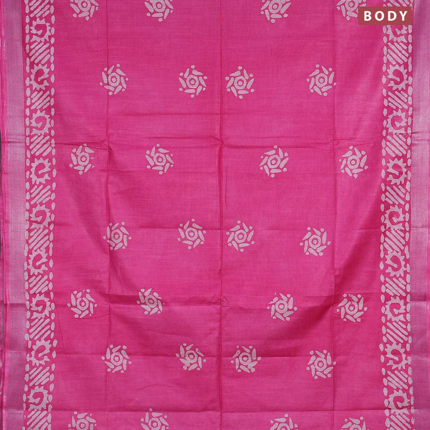 Linen cotton saree pink with allover batik butta prints and silver zari woven border