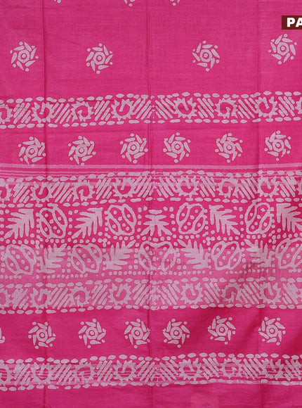 Linen cotton saree pink with allover batik butta prints and silver zari woven border