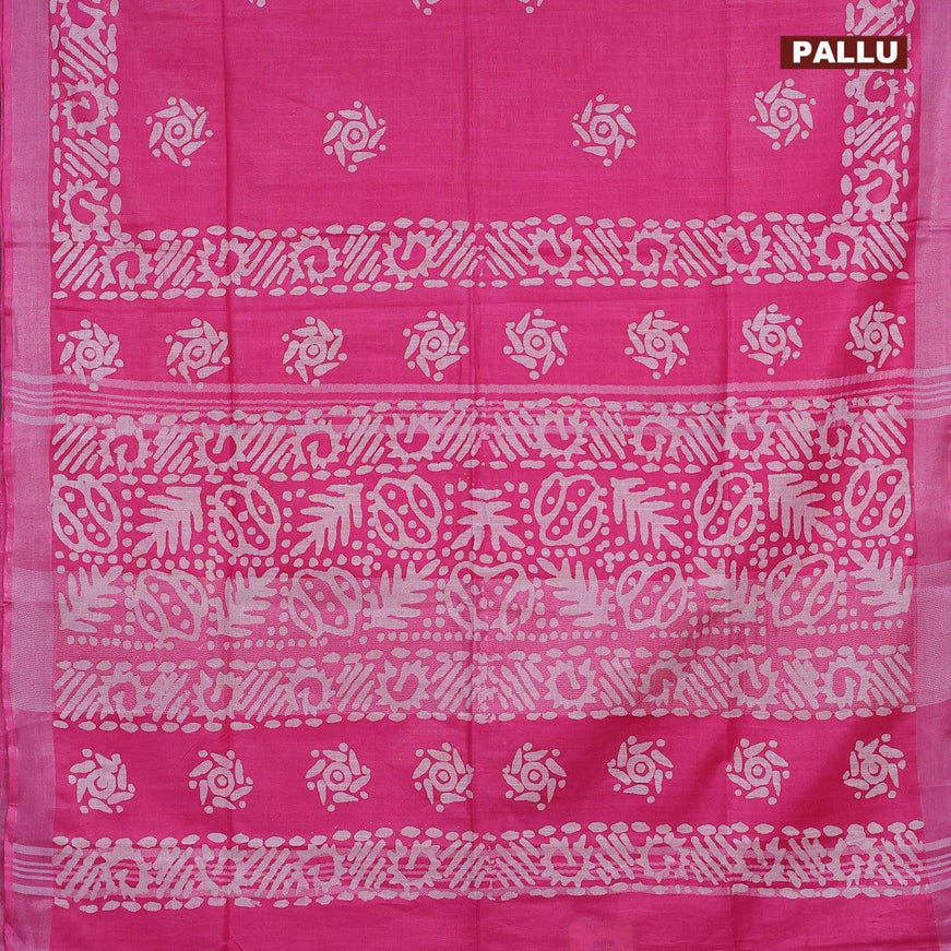 Linen cotton saree pink with allover batik butta prints and silver zari woven border