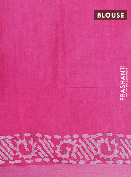 Linen cotton saree pink with allover batik butta prints and silver zari woven border