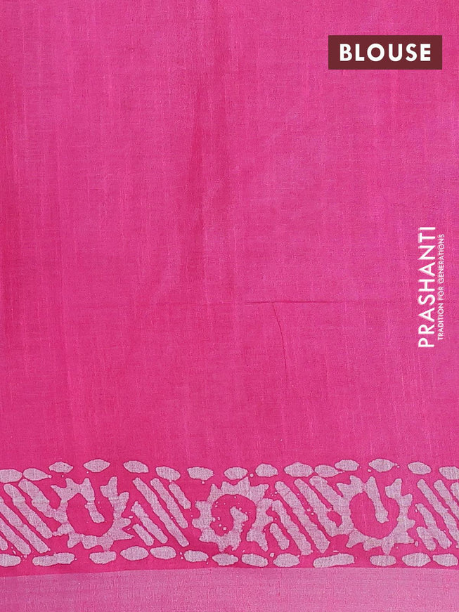 Linen cotton saree pink with allover batik butta prints and silver zari woven border