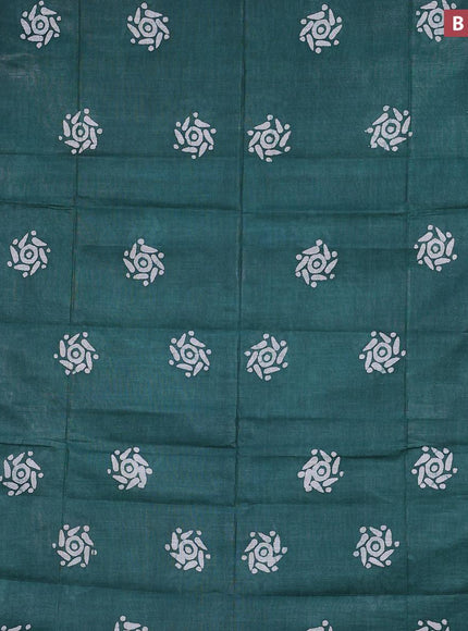 Linen cotton saree green with allover batik butta prints and silver zari woven border