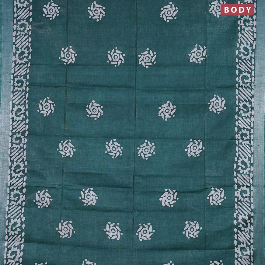 Linen cotton saree green with allover batik butta prints and silver zari woven border