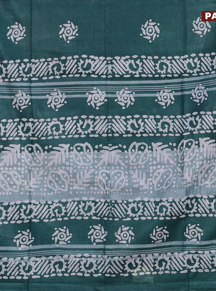 Linen cotton saree green with allover batik butta prints and silver zari woven border