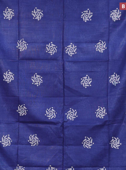 Linen cotton saree blue with allover batik butta prints and silver zari woven border