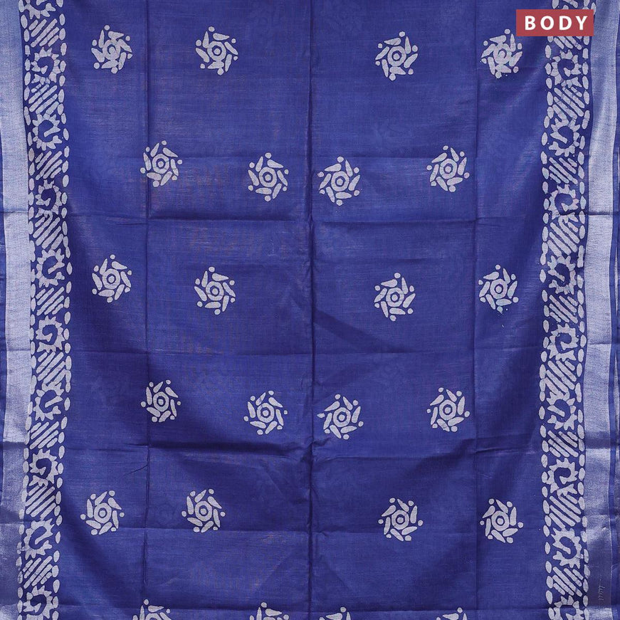 Linen cotton saree blue with allover batik butta prints and silver zari woven border