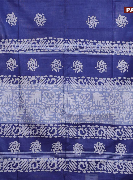 Linen cotton saree blue with allover batik butta prints and silver zari woven border