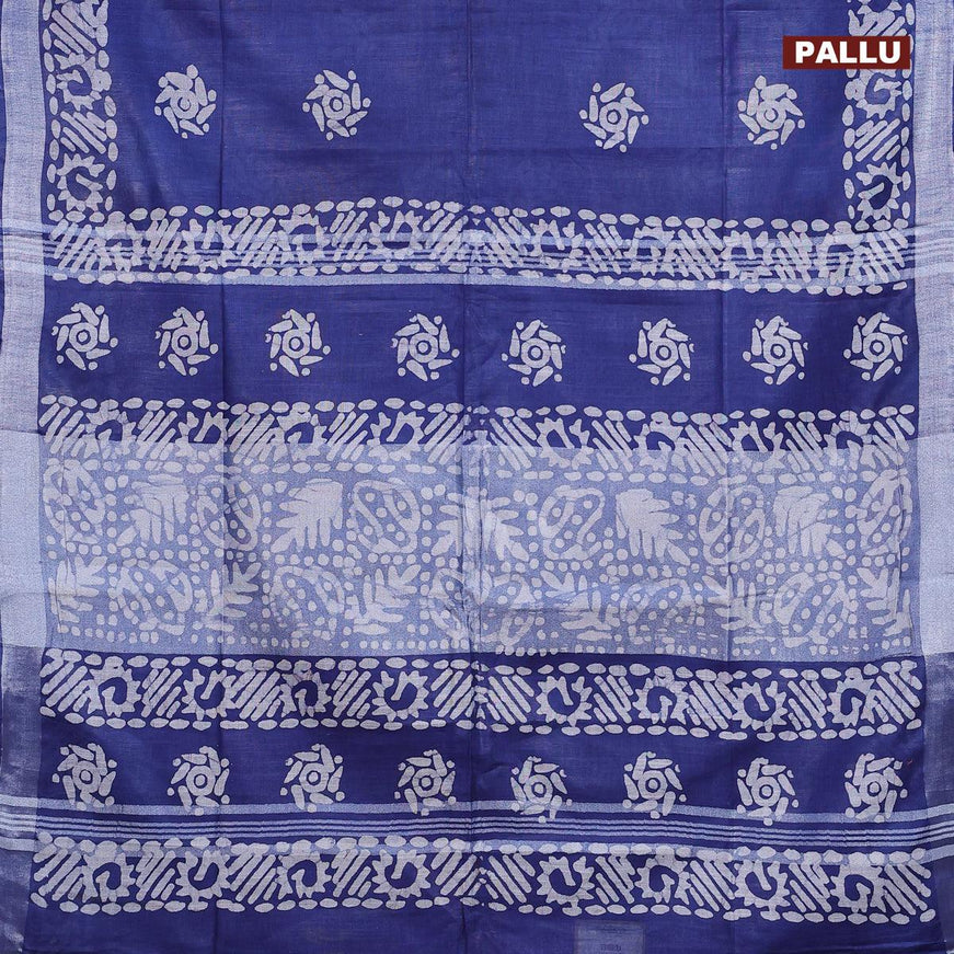 Linen cotton saree blue with allover batik butta prints and silver zari woven border