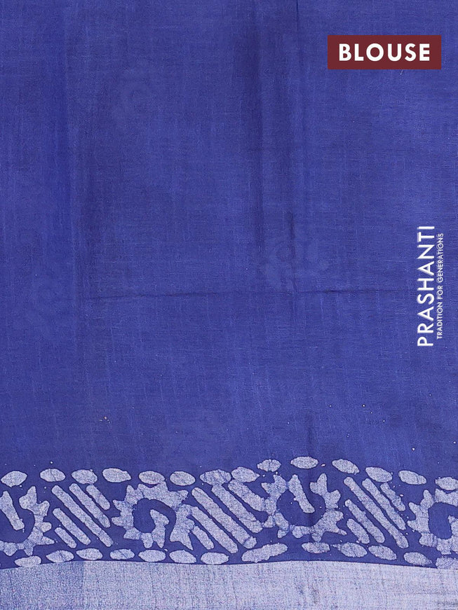 Linen cotton saree blue with allover batik butta prints and silver zari woven border