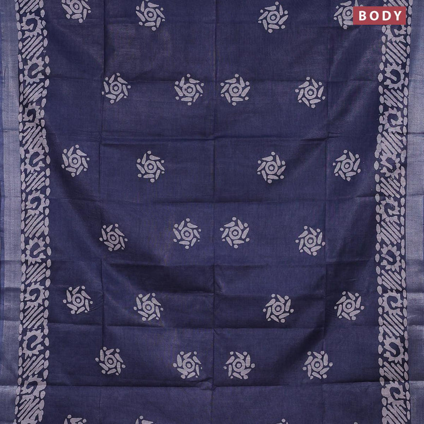 Linen cotton saree grey with allover batik butta prints and silver zari woven border