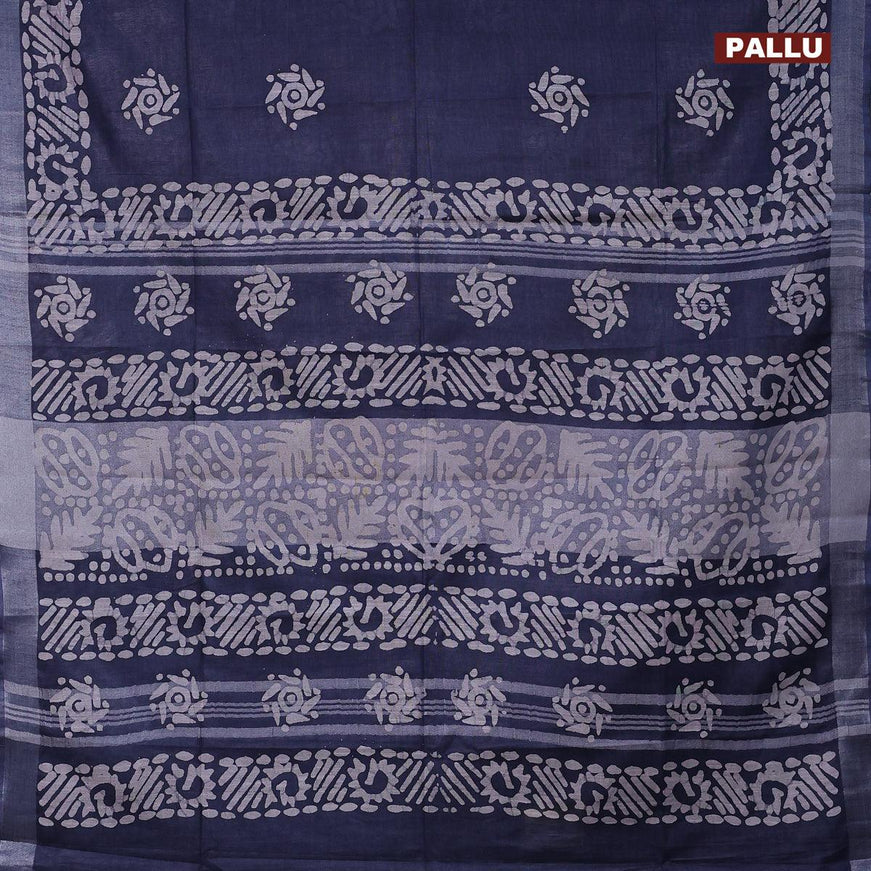 Linen cotton saree grey with allover batik butta prints and silver zari woven border