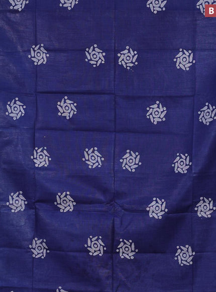 Linen cotton saree blue with allover batik butta prints and silver zari woven border