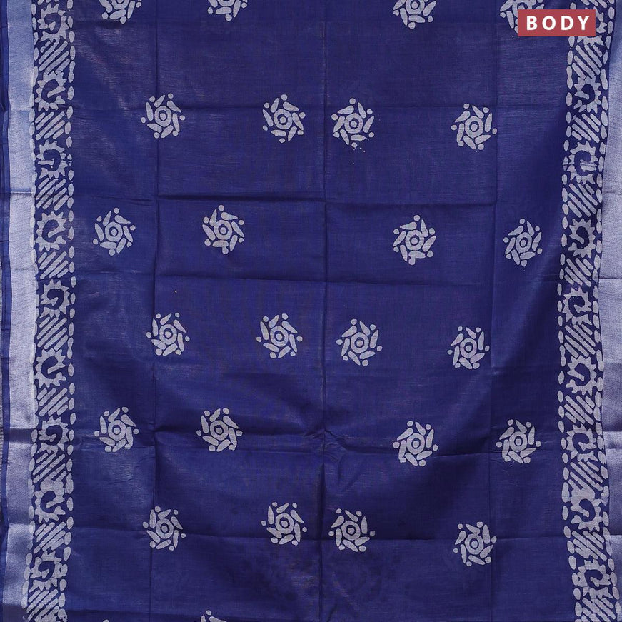 Linen cotton saree blue with allover batik butta prints and silver zari woven border