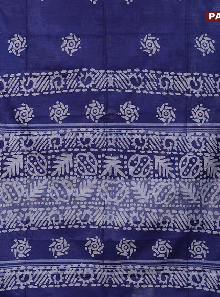 Linen cotton saree blue with allover batik butta prints and silver zari woven border