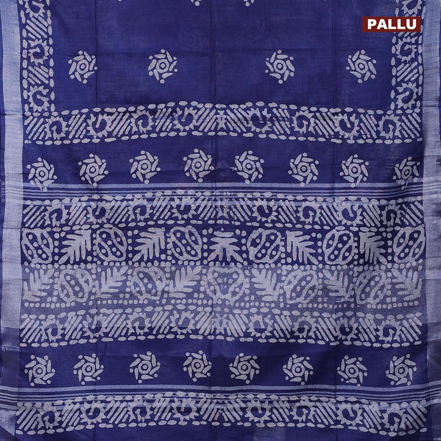 Linen cotton saree blue with allover batik butta prints and silver zari woven border