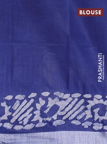 Linen cotton saree blue with allover batik butta prints and silver zari woven border