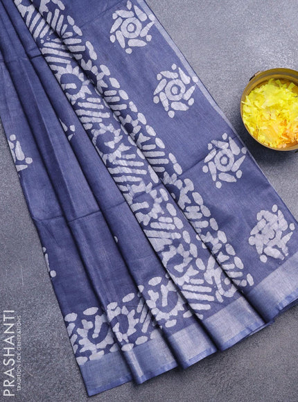 Linen cotton saree grey with allover batik butta prints and silver zari woven border