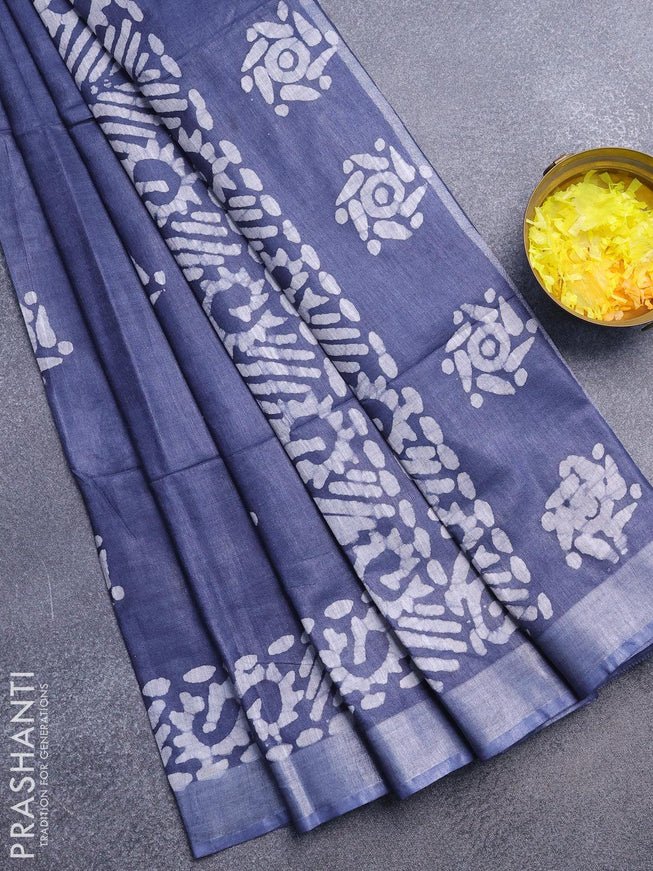 Linen cotton saree grey with allover batik butta prints and silver zari woven border